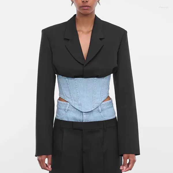 Женские куртки 2024, весенняя джинсовая лоскутная куртка с длинными рукавами, корейская мода, обтягивающий стиль, корсет, высокое качество, топ Y2K
