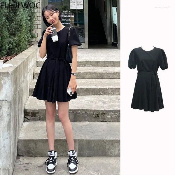 Party Kleider 2024 Sommer Nette Süße Mädchen Frauen Mode Einfarbig Französisch Design Elegante Gürtel Kleine Schwarze Kleid