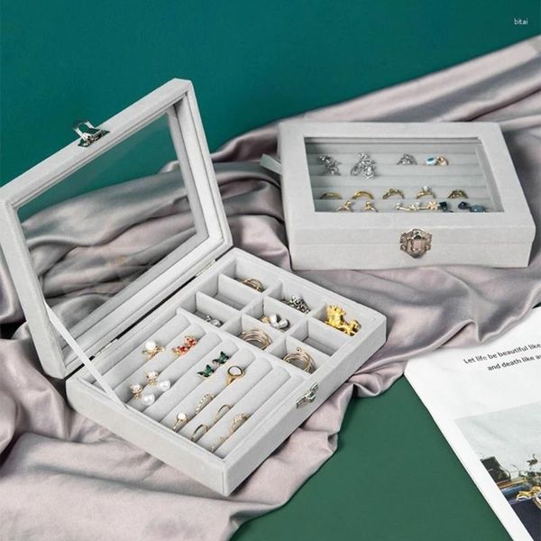 Bolsas de jóias Dustproof flanela caixa de armazenamento anel display caso senhora para brinco capa transparente