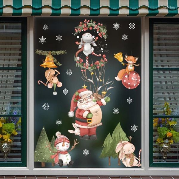 Adesivi per finestre Babbo Natale pupazzo di neve fiocco di neve parete negozio di fiori decorazione porta in vetro cartone animato anno carino