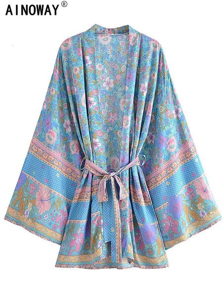 Vintage Chic Blumendruck Schärpen Böhmischer Kimono Damen V-Ausschnitt Fledermausärmel Happie Kurze Robe Boho Bikini-Vertuschungen 240321