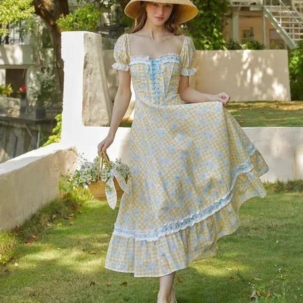 Vestidos de festa francês pastoral impresso estilo fresco lacing up webbing vestido mulheres super doce suave verão viagem praia longo vitoriano