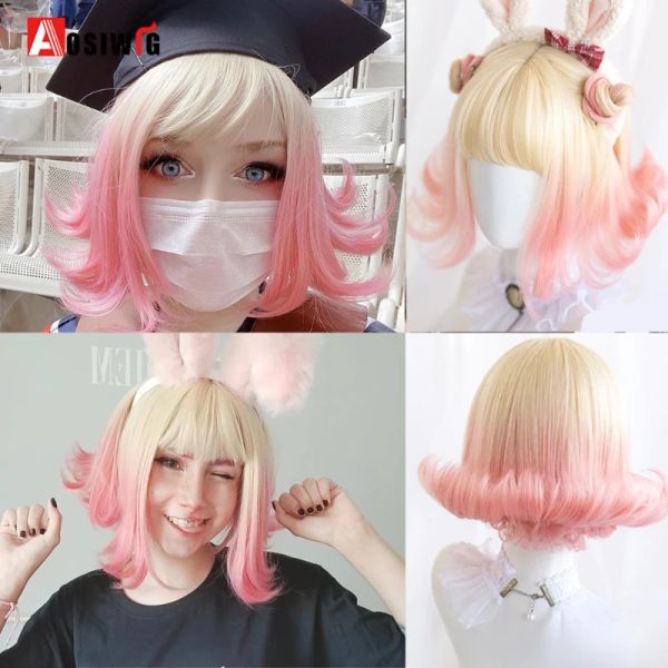 Perucas aosiwig sintética lolita peruca com franja para mulheres curto reto cosplay anime encaracolado cabelo natural traje bob loira perucas rosa