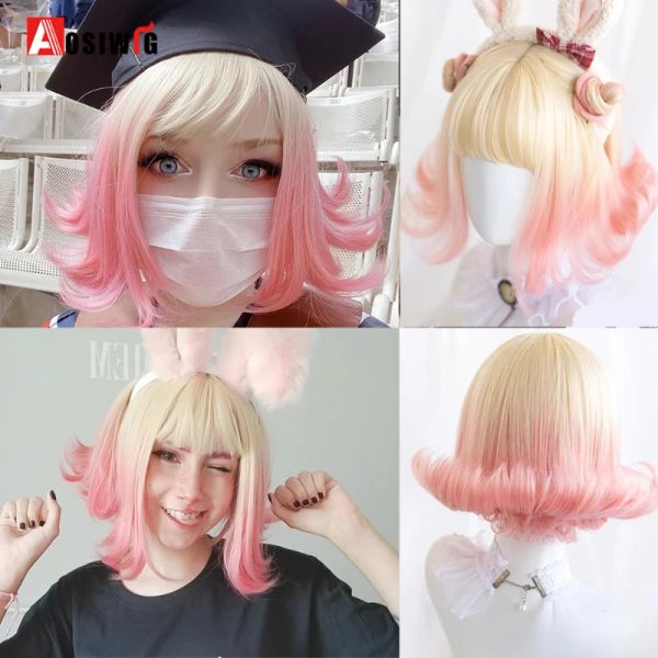 Parrucche Aosiwig Parrucca Sintetica Lolita Con Frangetta Per Le Donne Breve Rettilineo Cosplay Anime Capelli Ricci Naturali Costume Bob Bionda Parrucche Rosa