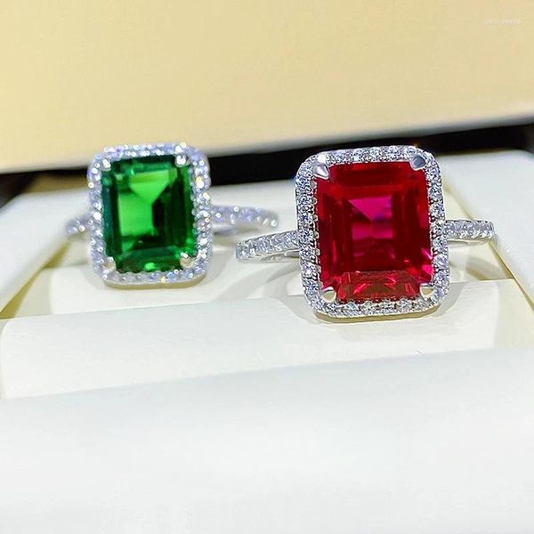 Anéis de cluster 4 anel vermelho retangular corte verde importado diamante de alto carbono s925 prata noivado jóias femininas