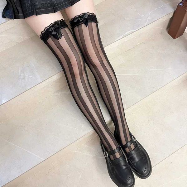 Sexy Meias JK Mulheres Sheer Listras Verticais De Seda Sobre O Joelho Meias Longas Com Bonito Bowknot Japonês Lolita Leggings Coxa Meias Altas Y240401