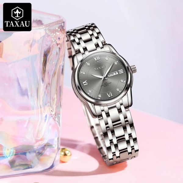 Relógios de pulso TAXAU Original Elegante Mulheres Assista Aço Inoxidável Diamante Senhoras À Prova D 'Água Luminosa Dupla Calendário Senhora Pulso