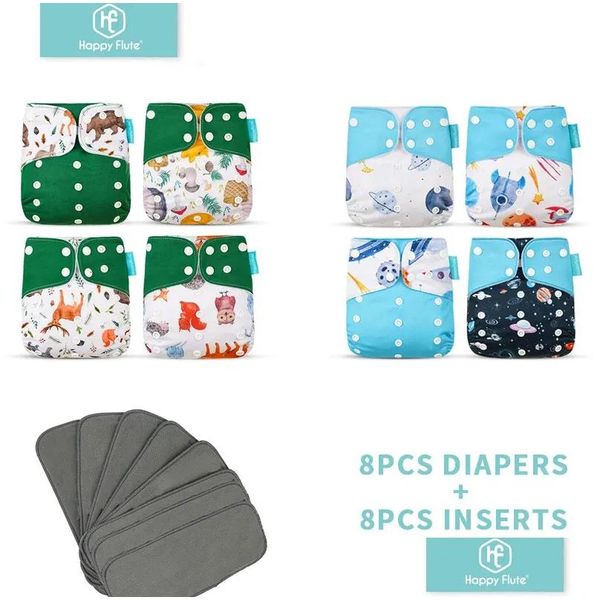 Fraldas de pano Happyflute 8 Diapers8 Inserções Bebê Um Tamanho Ajustável Lavável Fralda Reutilizável para Meninas e Meninos 240328 Drop Delivery K OT1AU