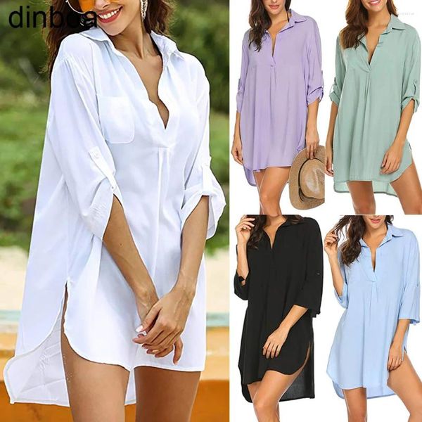 Blusas femininas Dinboa-2024 2024 primavera/verão decote em V profundo moda praia protetor solar vestido de camisa de banho