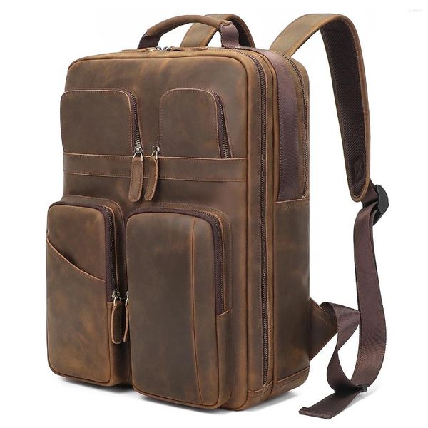 Рюкзак высокого качества большой вместимости, большая винтажная коричневая толстая натуральная кожа Crazy Horse A4 15,6 дюйма, сумка для ноутбука, женская и мужская дорожная сумка M2763