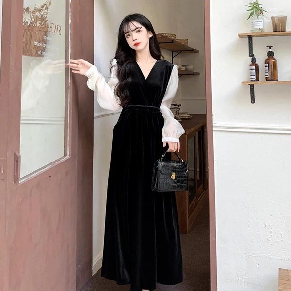 Vestidos casuais tamanho grande feminino outono e inverno menina gorda hepburn estilo veludo vintage retalhos vestido de manga inchada