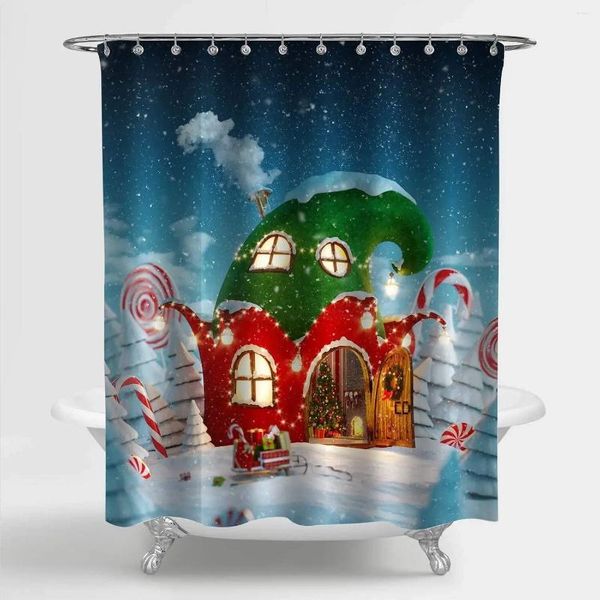 Tende da doccia Natale Inverno Casa delle fate a Natale a forma di cappello da elfo Decorazioni artistiche Set di tende da bagno chic per bambini e bambini