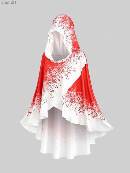 Grundlegende Freizeitkleider ROSEGAL Plus Size Colorblock Cape mit Kapuze Schneeflockendruck Tulpensaum Asymmetrische Oberbekleidung Umhang Frauen Rüschen Capes Rot yq240402