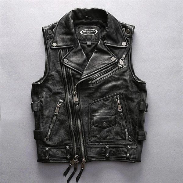 Gilet da uomo Testa ispessita Strato di pelle bovina Gilet bavero Slant Zipper Canottiera da moto Giacca da motociclista vintage senza maniche