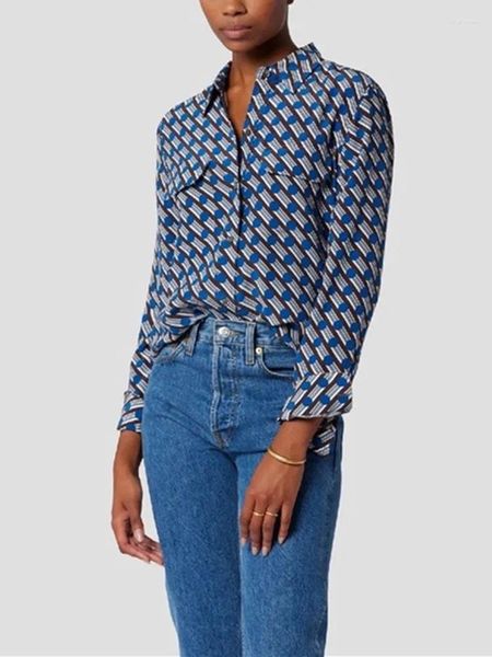 Blusas femininas 2024 verão azul dot print mulheres blusa de manga longa único breasted moda senhora turn-down colarinho camisa vintage topo com