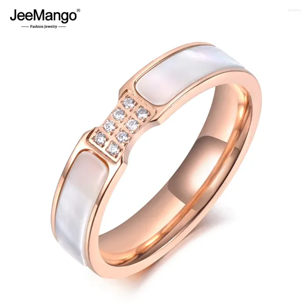 Anéis de cluster JeeMango na moda rosa cor de ouro CZ cristal strass titânio concha de aço casamento para mulheres presentes de noivado jr19062