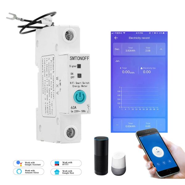 Controle 1P eWelink Monofásico Din rail WIFI Medidor de energia inteligente Consumo de energia Medidor de kWh wattímetro com Alexa google para casa inteligente