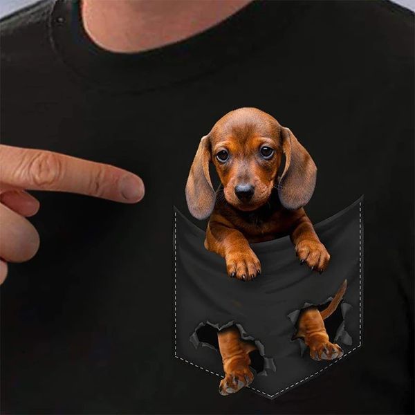 Camiseta de bolso de algodão verão dachshund filhote de cachorro impresso camiseta masculina para mulheres camisas topos engraçado preto camisetas gota 240401