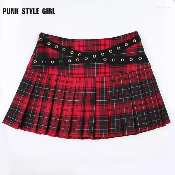 Röcke Eetelet Vintage Plaid Print Mini Falten Frauenrock rot niedrige Taille Gothic Harajuku Y2K 2000s 2024