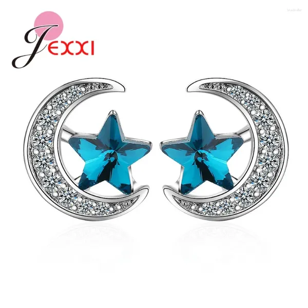 Orecchini a bottone Ultime donne Moda Argento sterling 925 Falce di luna Stella Blu Zirconi Stelle per la festa di nozze