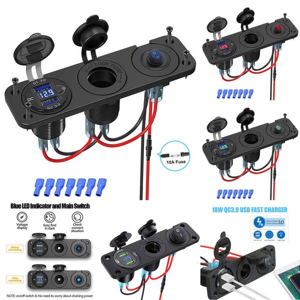 2024 12v/24v qc3.0 usb carregador de carro tomada painel de alumínio duplo usb carregador rápido tomada de energia com voltímetro led para barco marinho