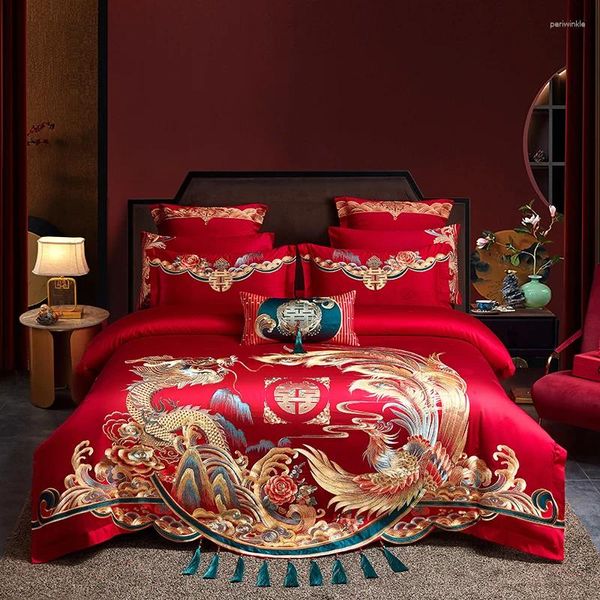 Conjuntos de cama High-end Chinês Casamento Ouro Loong Phoenix Bordado Conjunto Luxo Vermelho Egípcio Algodão Duveta Capa Cama Folha Fronhas