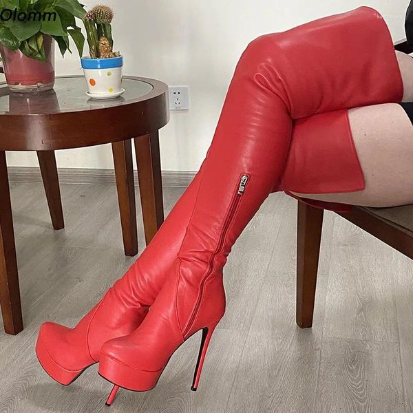 Stiefel Olomm Anpassen Farbe Frauen Winter Oberschenkel Unisex Sexy Stiletto Heels Runde Zehe Ziemlich Rote Club Schuhe Plus US Größe 5-20