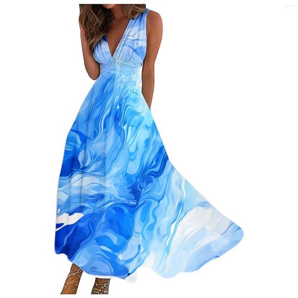 Abiti casual Moda Tie Dye Canotta Abito lungo Donna Estate profondo scollo a V senza maniche Maxi vita sottile femminile A-Line Bohemian