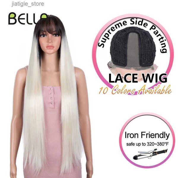 Синтетические парики Bella Straight Hair Synthetic Lace Front Wig Long прямой 34 -дюймовый парик косплей с челками розовые светло -зеленые парики для чернокожих женщин Y240401