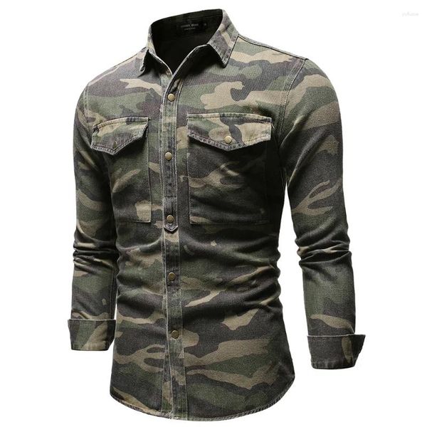 Polo da uomo 2024 Camicia di jeans mimetica verde militare a maniche lunghe per il commercio estero europeo e americano Giacca da arrampicata all'aperto