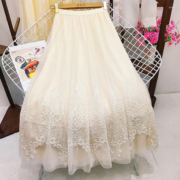 Röcke Frühling Sommer Frauen Elegante Mesh Spitze Lange Mode Elastische Kraft Hohe Taille A-linie Rock Weiblichen Koreanischen Stil Tüll