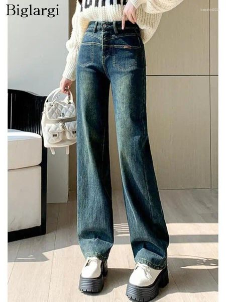 Jeans da donna Autunno Inverno Peluche Pantaloni lunghi Donna Vita alta Moda Casual Pantaloni da donna Gamba larga Pantaloni larghi a pieghe da donna 2024