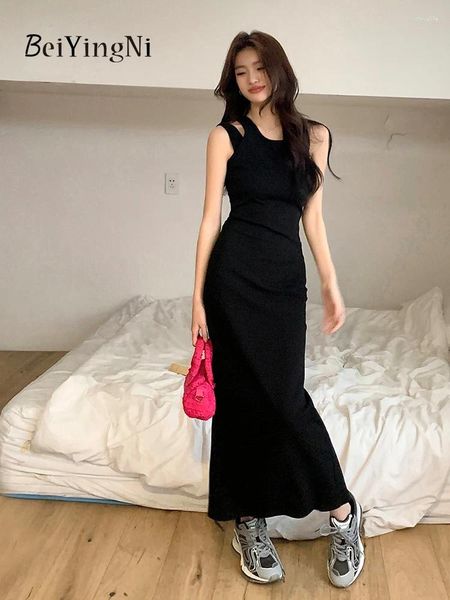 Vestidos casuais beiyingni 2024 sexy elegante longo midi mulheres magro irregular preto cinza magro pacote hip vestido feminino coreano chique sundress