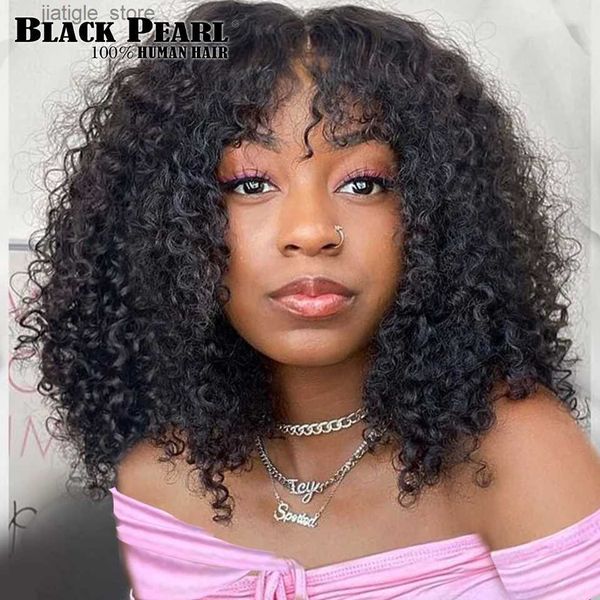 Perucas sintéticas brasileiras de cabelos curiosos e cacheados com franja curta Remy Human Human Human Full Made Wigs para mulheres negras Y240401