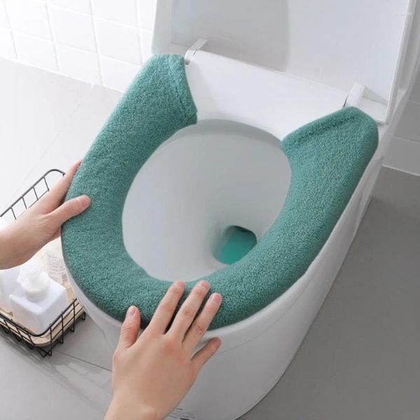 Toilettensitzbezüge, verdickter Bezug, weich, universell, waschbar, Closestool-Matte, reine Farbe, Knopf-Badezimmer