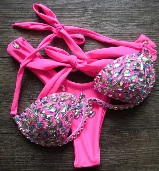 Kadın Mayo 2019 Seksi Kayış Neon Yeşil Kristal Mayo Kadınlar Bikini Rhinestone Pırlanta Lüks Kadın Mayo Plus J240330