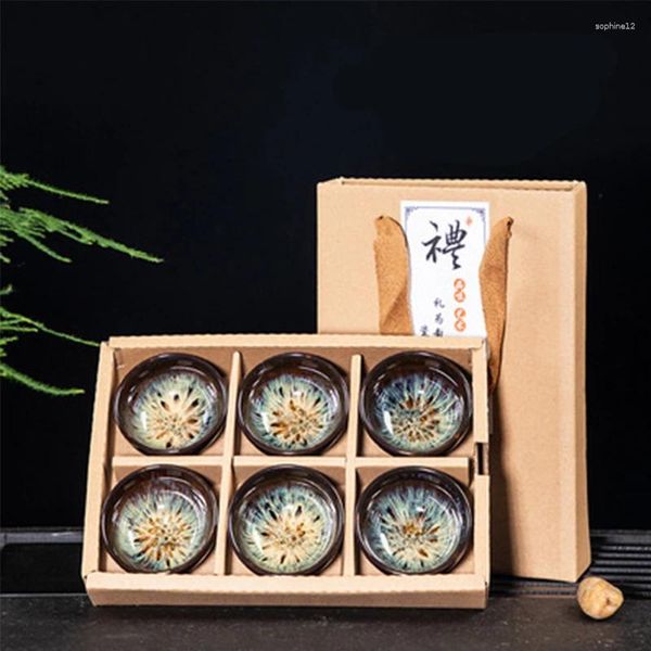 Teegeschirr-Sets LIZAOTAO Tee-Set, ofengedrehte Keramik-Teetasse, 6 Stück, kleine Schüssel im japanischen Stil, tragbare Geschenkbox, Verpackungsbecher