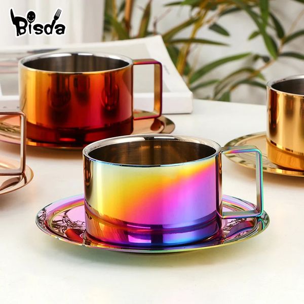 Caneca de café de aço inoxidável, xícaras de chá com pires, parede dupla, colher de café, conjunto simples para casa, cozinha, festa 240328