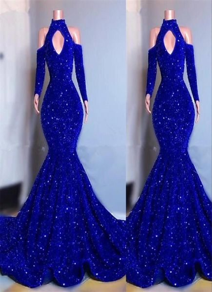 Abiti da sera blu sexy Paillettes scintillanti Maniche lunghe Abito da ballo a sirena Elegante spalle scoperte Abiti da festa formale personalizzati Ma3195520