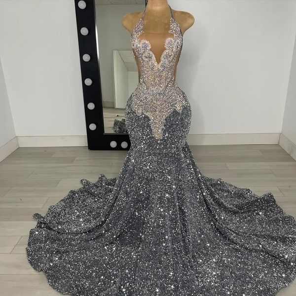 Luxury Grey Prom Abito Fromal for Black Girls 2024 Halter in rilievo in rilievo Crystal Seque Birthday Gowns Robe de Soiree