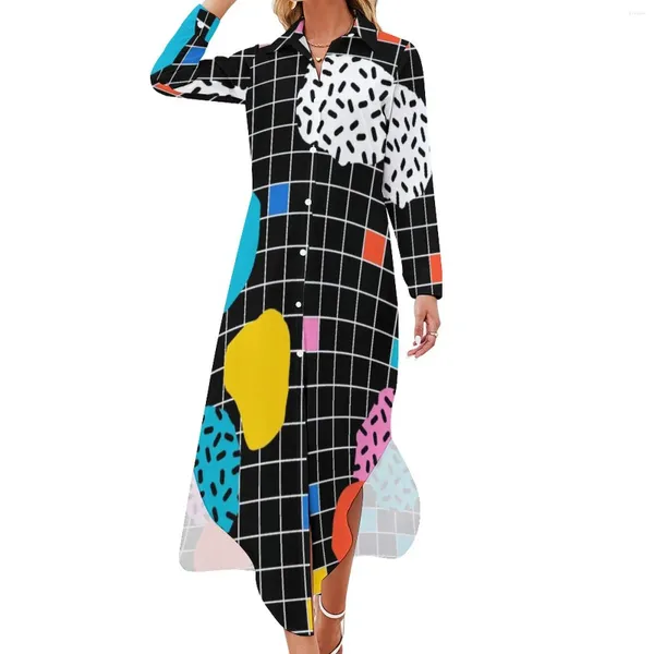 Повседневные платья Мемфисское шифоновое платье в сетку в стиле 80-х годов, красивая женская уличная одежда с длинными рукавами и v-образным вырезом на заказ, большой размер