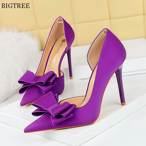 Pompe Bigtree Fashion Party Female Pompe per matrimoni Viola Rosa Solid Solid Elegante Tacchi da donna Eleganti scarpe a farfalla cava