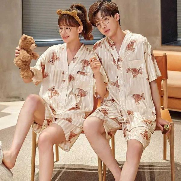 Zm5v Sexy Pyjamas Silk Home Sets Katze lose Männer Pijama Frauen Anzug Paar Nachtwäsche Pyjama Korean Pyjama Anime Erwachsene V-Ausschnitt Kleidung 2404101