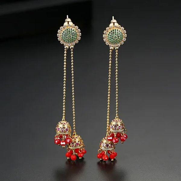 Vintage indiano zircon cristal longo sino gota balançar brincos borla frisado jhumka jhumki cor de ouro retro nupcial jóias de casamento 240401