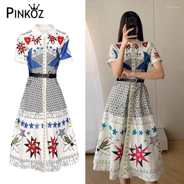 Vestidos de festa Pinkoz estilo celebridade geométrica estrela impressa camisa midi vestido elegante mulheres moda casual roupas com cinto vintage chique