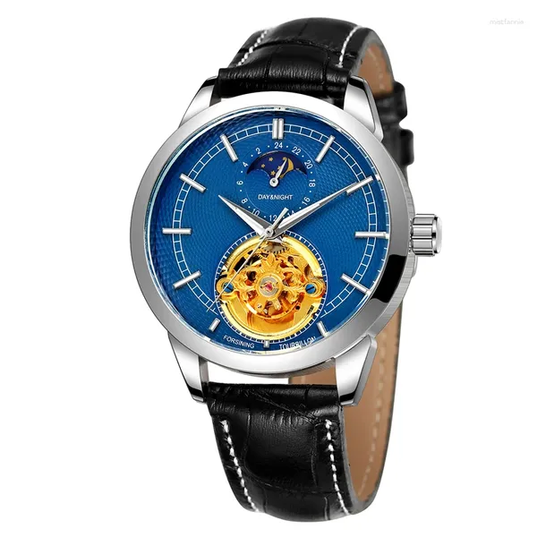 Orologio da polso quadrante blu cinturino nero orologio meccanico automatico movimento lancetta da uomo