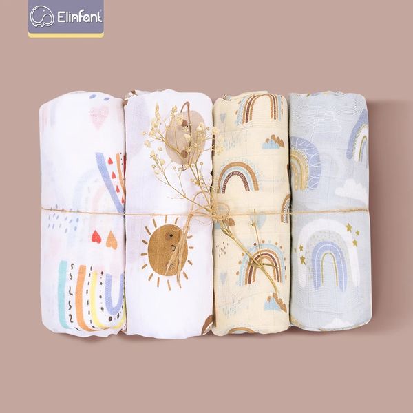 Elinfant arco-íris cor 100 algodão 4 peças conjunto de presente musselina swaddle cobertores bambu nascido bebê toalha de banho envoltório 240322