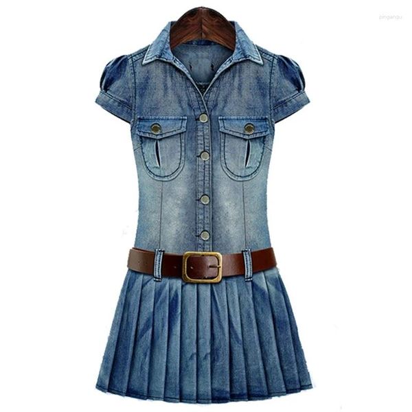 Vestidos casuais 2024 vestido de verão moda turn-down colarinho sólido cinto magro jeans mulheres grande denim de uma peça