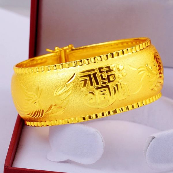 Armreifen, 25 mm dick, Hochzeit, Damen-Armreif, chinesischer traditioneller Schmuck, 18 Karat Gelbgold gefüllt, klassisches Geschenk für Dame, Braut, Verlobung