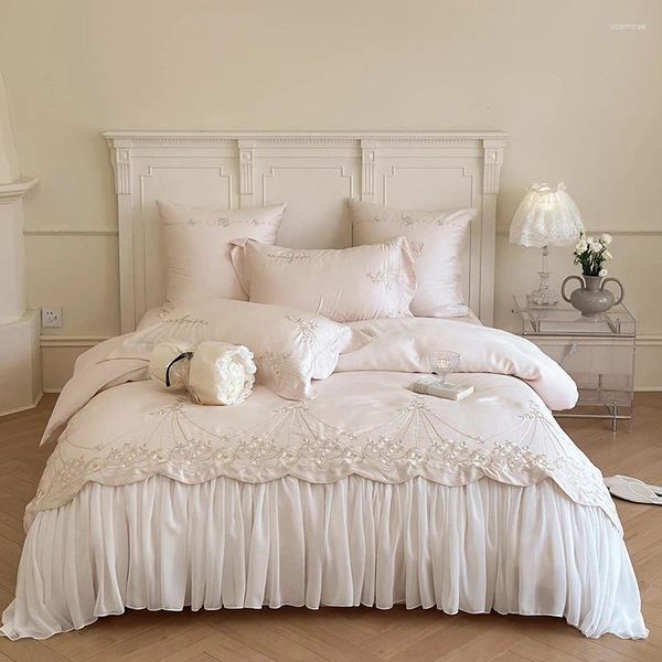 Set di biancheria da letto Rosa 800TC Fibra Lyocell Stile Principessa Francese 4 Pezzi Fiori Ricamo Volant di Pizzo Set Copripiumino Lenzuolo Federa